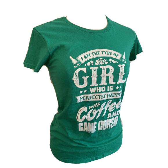 Small Anvil Women's Fitted Green Tshirt Novelty Coffee and Cane Corso - Picture 1 of 8